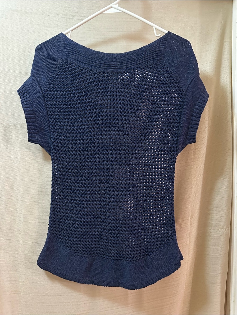 Eddie Bauer Open Knit Crochet Sweater Top Navy Short Sleeve Coastal Boho Small
